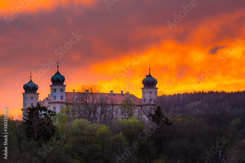 Castle Mníšek pod Brdy in Czech Republic in a bloody sunset.