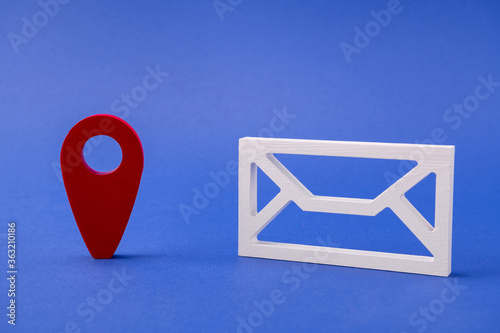 Figure of mail box inbox outbox get receive send message wi-fi gps navigator location map red point city tour isolated over bright vivid shine vibrant blue color background