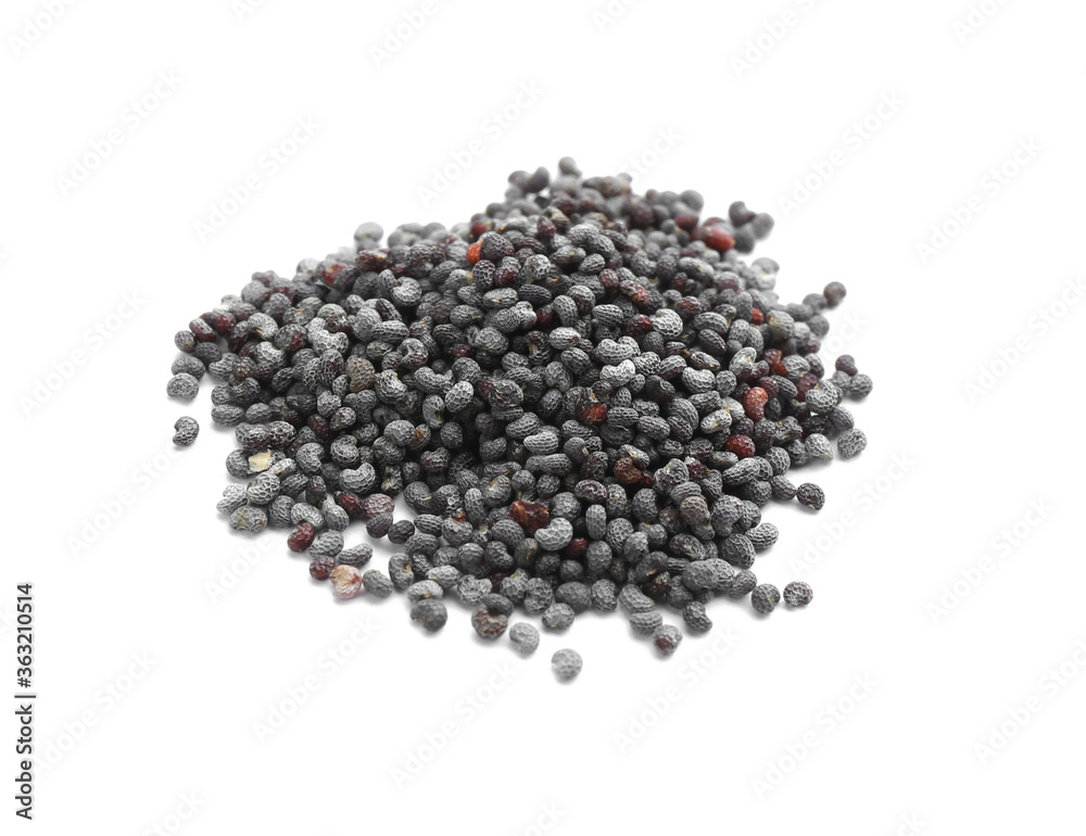 Pile of dry poppy seeds isolated on white Pile of dry poppy seeds isolated on white