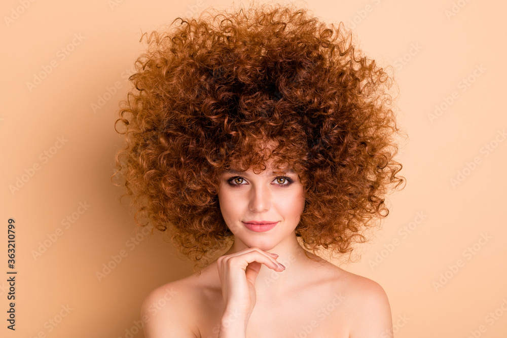 Close up photo beautiful she her no clothes nude lady touch facial skin arm hand chin ideal condition scrub user curls fashion procedure stylist perms roller curlers isolated beige pastel background