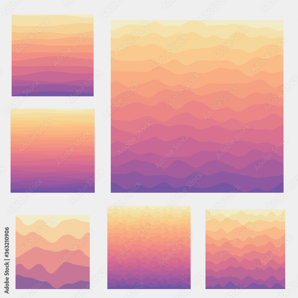 Abstract waves background collection. Curves in sunset colors. Attractive vector illustration.