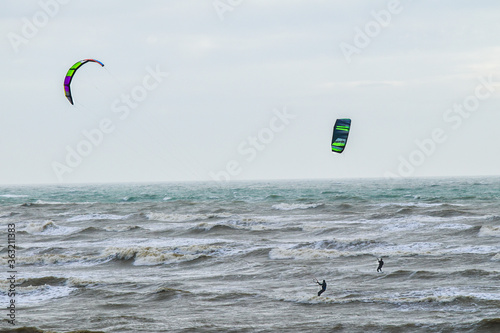 Kite surfing in the sea, kite boarding action