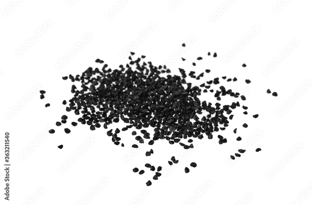 Pile of raw onion seeds on white background. Vegetable planting Pile of raw onion seeds on white background. Vegetable planting