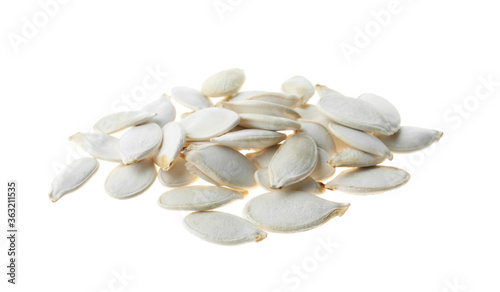 Pile of raw pumpkin seeds isolated on white. Vegetable planting