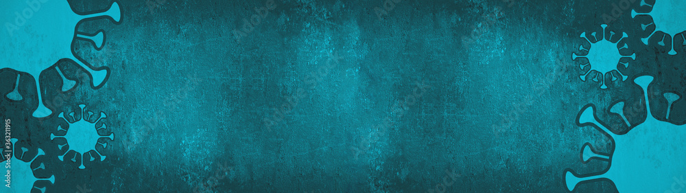 CORONAVIRUS - Aquamarine blue turquoise cartoon virus isolated on turquoise black abstract rustic texture background banner panorama, top view with space for text