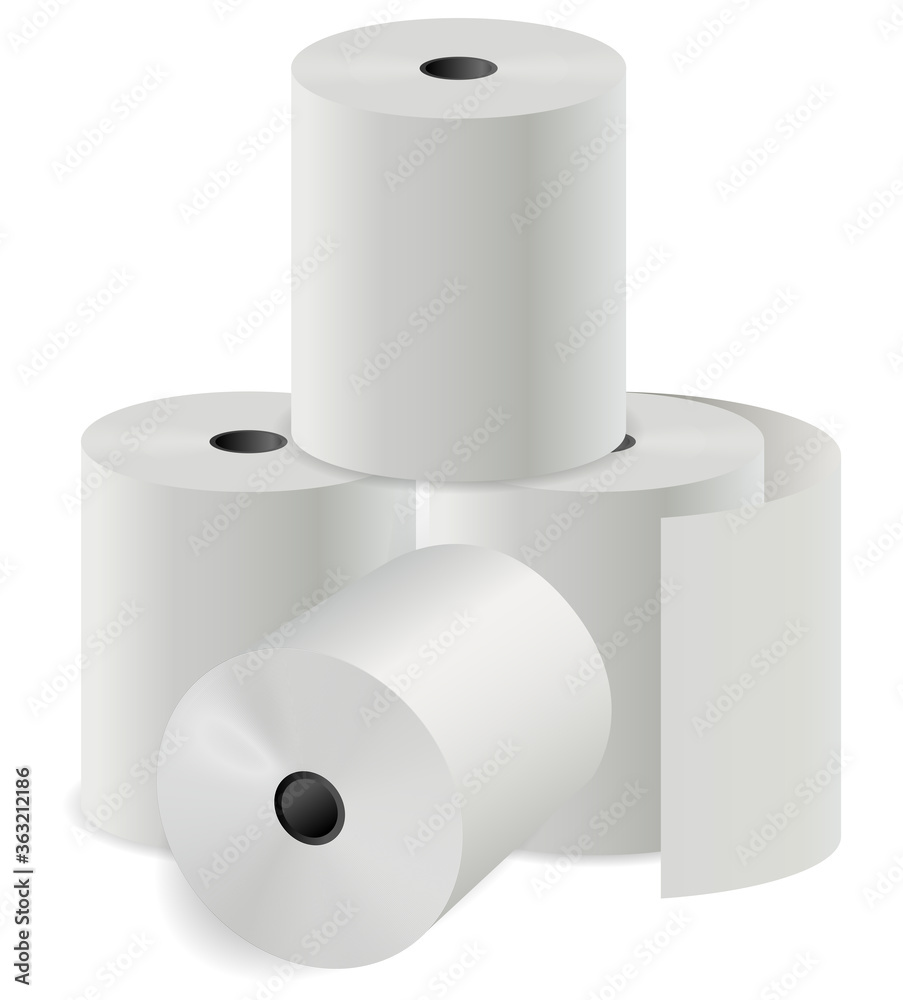 Toilet paper roll blank. White kitchen towel. Cash register 3d vector thermal cylinder. Fax ir calculator print tape illustration. Tissue payment cheque design set. Realistic shopping cashier list Toilet paper roll blank. White kitchen towel. Cash register 3d vector thermal cylinder. Fax ir calculator print tape illustration. Tissue payment cheque design set. Realistic shopping cashier list