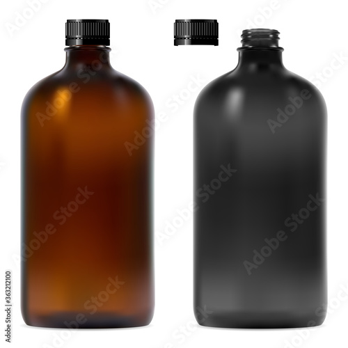 Brown and black glass bottle set. Medical syrup jar realistic vector illustration. Template of pharmaceutical cure vial with plastic screw cap. Suspension or tincture medicine container blank