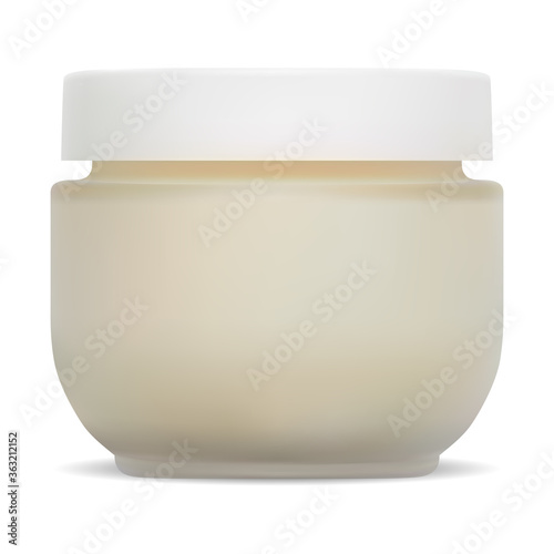 Cosmetic jar mockup. Cream packaging with plastic lid. Face skin creme glass bottle design without label. Makeup powder container for corporate branding. Beauty product package blank