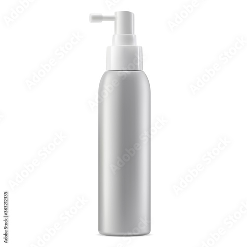 Spray bottle mockup. Cosmetic package with dispenser vector template illustration. Realistic aerosol container blank on white background. Medical tube with mist cap for face beauty product