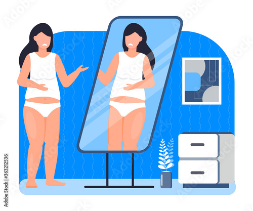 Upset and fat girl is looking in mirror. Obesity concept vector. Depression, mental, disorder problems. Starting a diet illustration. Overweight woman is unhappy with her reflection in mirror.