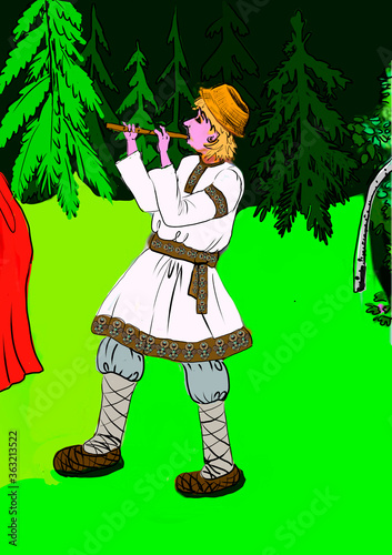 illustration in bibilin style shepherd with a pipe at the forest edge