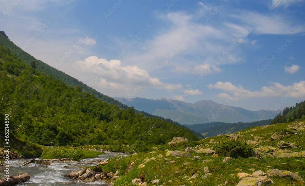 beautiful green mountain valley with rushing river under a cloudy sky, summer travel background