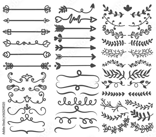 Large collection of black and white ornaments for design elements with curlicues, leaves, arrows and frames, vector illustration