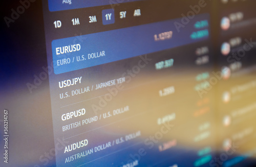 Trading pair euro / dollar on stock market trading platform. Economic trends and stock exchange. 