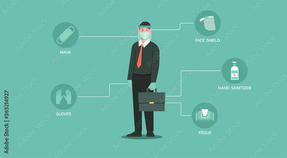businessman with items such as mask, face shield, tissue, gloves, and hand sanitizer to prevent the spreading COVID-19 or coronavirus, virus transmission, character cartoon vector flat illustration businessman with items such as mask, face shield, tissue, gloves, and hand sanitizer to prevent the spreading COVID-19 or coronavirus, virus transmission, character cartoon vector flat illustration