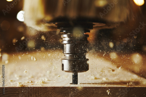 Cnc milling machine, woodwork industry. Tool with computer numerical control.