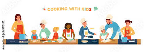 Cooking With Children Horizontal Banner. Different age and race children In Aprons And Chef Hat Cooking With Adults. Making soup, Pancakes, Salad, Baking. Kids Cooking Class. Flat Vector Illustration.