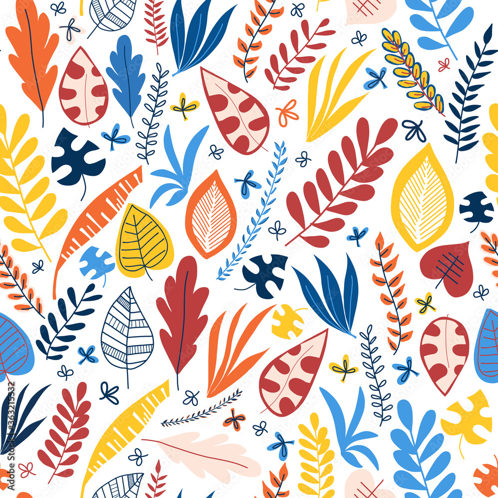 Seamless vector pattern abstract autumn leaves blue red yellow orange. Repeating background. Hand drawn leaf nature pattern. Repeating foliage backdrop. Use for fabric, wallpaper, wrapping, home decor Seamless vector pattern abstract autumn leaves blue red yellow orange. Repeating background. Hand drawn leaf nature pattern. Repeating foliage backdrop. Use for fabric, wallpaper, wrapping, home decor