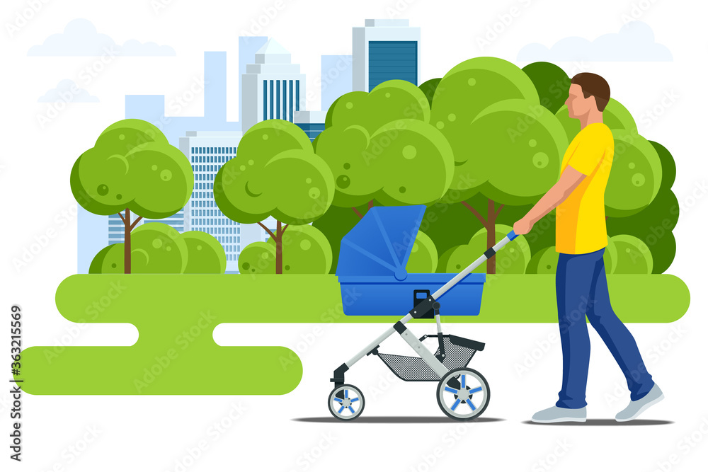 Baby carriage isolated on a white background. Kids transport. Strollers for baby boys or baby girls. Man with baby stroller walks. Theme of motherhood and fatherhood Baby carriage isolated on a white background. Kids transport. Strollers for baby boys or baby girls. Man with baby stroller walks. Theme of motherhood and fatherhood