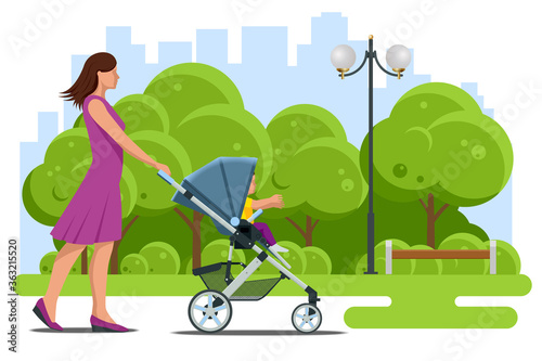 Baby carriage isolated on a white background. Kids transport. Strollers for baby boys or baby girls. Woman with baby stroller walks. Theme of motherhood and fatherhood
