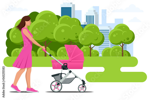 Baby carriage isolated on a white background. Kids transport. Strollers for baby boys or baby girls. Woman with baby stroller walks. Theme of motherhood and fatherhood