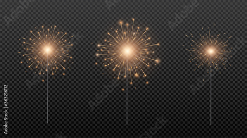 Bengal fire. Sparkler lights isolated on transparent background. Xmas decoration. Vector illustration