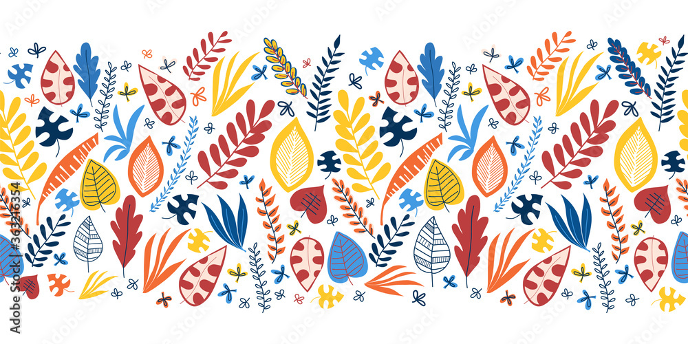 Seamless vector border abstract autumn leaves blue red yellow orange. Repeating pattern. Hand drawn leaf nature border. Repeating horizontal illustration. Use for fabric trim, ribbons, Thanksgiving