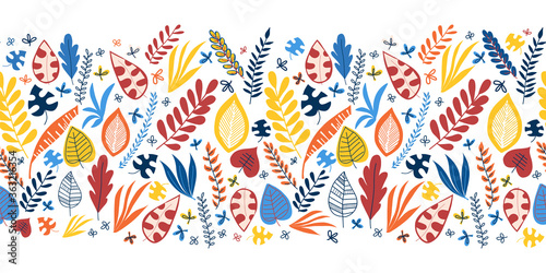 Seamless vector border abstract autumn leaves blue red yellow orange. Repeating pattern. Hand drawn leaf nature border. Repeating horizontal illustration. Use for fabric trim, ribbons, Thanksgiving