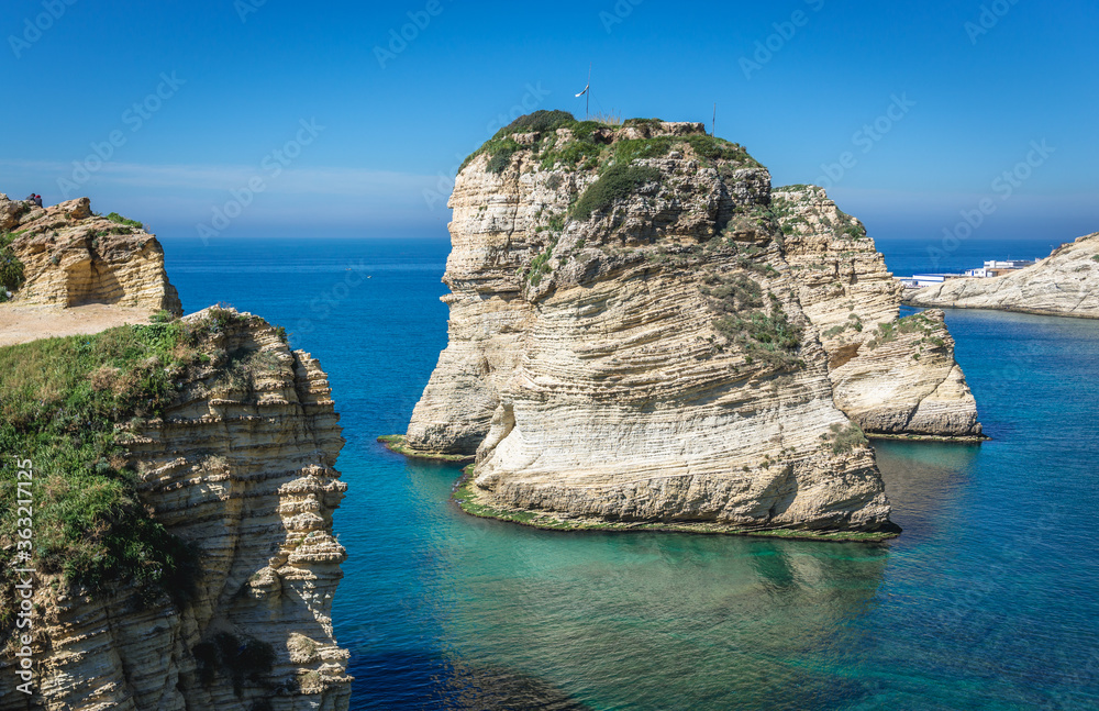 Famous Raouche Rocks also called Pigeon Rock in Beirut, capital city of Lebanon
