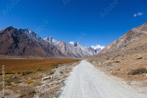 Road in Zanskar valley  Ladakh. Moto travel in India. Beautiful remote road.