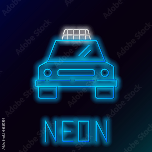 Glowing neon line Taxi car icon isolated on black background. Colorful outline concept. Vector.