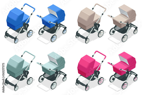 Isometric set of baby strollers isolated on white, kids transport