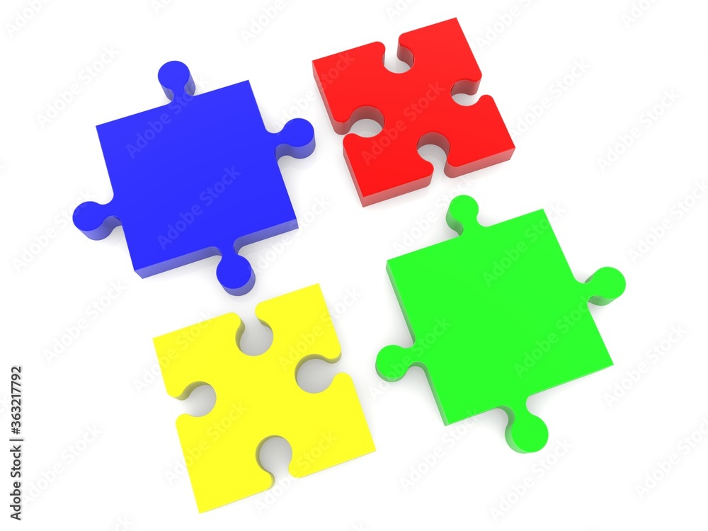 Four different colored puzzle pieces unrelated to each other on white Four different colored puzzle pieces unrelated to each other on white