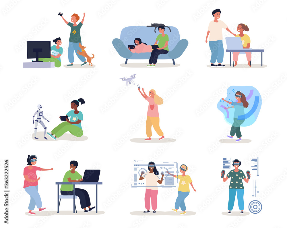 Set of nine scenes of diverse cute happy kids doing various activities isolated on white, colored vector illustration