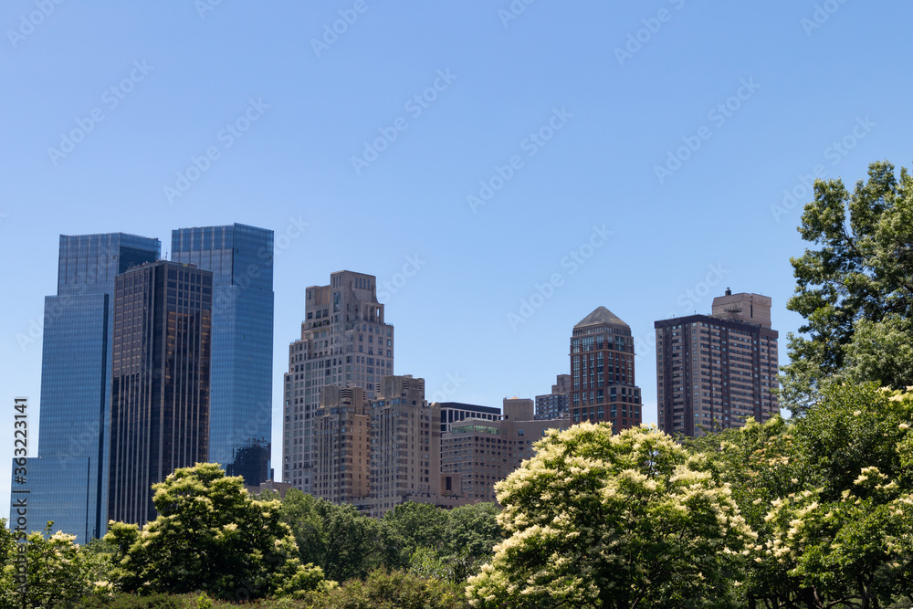 Lincoln Square New York Skyline seen from Central Park with Green Trees Lincoln Square New York Skyline seen from Central Park with Green Trees