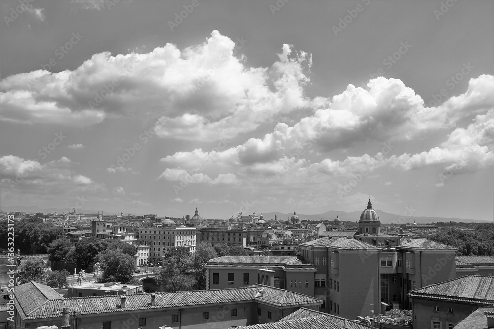 Panorama of Rome, in the center the altar of the fatherland. Black white photo.