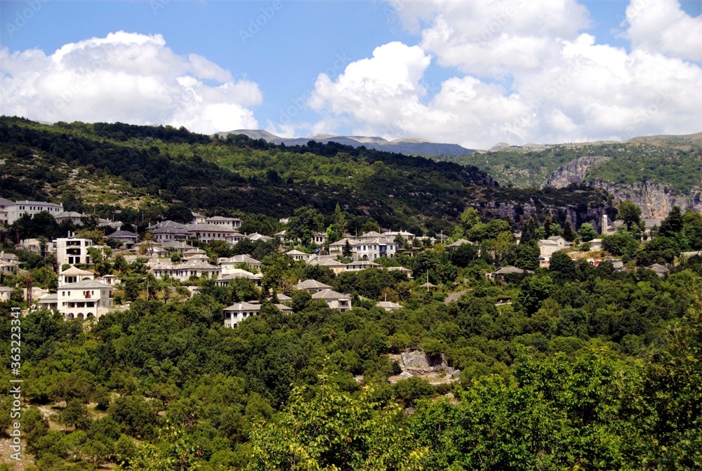 Panoramic view of Monodendri village, one of the 45 villages known as Zagoria or Zagorochoria in Epirus region of southwestern Greece.