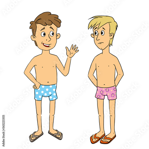 vector comics. two men dressed in swimming trunks talking on the beach do not keep their distance