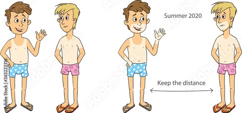 Vector comics, summer 2020. Two men talking on the beach keeping their distance so as not to get sick covid. Keep the distance and wear a mask