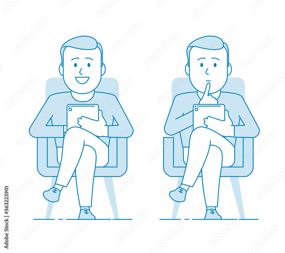 A man consultant or psychotherapist is sitting in a chair and holding a tablet. Several variants. Listens attentively and gives advice or advice. Illustration in line art style. Vector A man consultant or psychotherapist is sitting in a chair and holding a tablet. Several variants. Listens attentively and gives advice or advice. Illustration in line art style. Vector