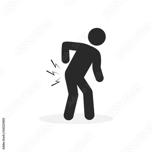 Elderly man with a cane and back injury, pain vector icon isolated on white background.