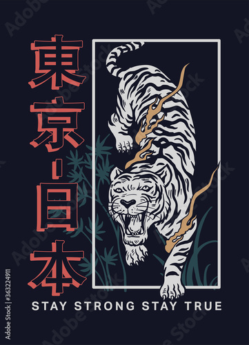 Japanese tiger illustration for t-shirt prints, posters and other uses. Japanese text translation: Tokyo - Japan