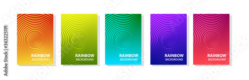 Rainbow set of abstract dynamic modern bright banners with different texture, template cover design. Space for your text with geometric circle patterns. Colored halftone gradient. Vector illustration