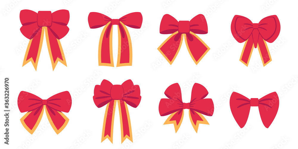 Red bow set with yellow or gold stroke. Cartoon vector red ribbons satin bows for xmas gifts, present cards and luxury wrap pack isolated on white background