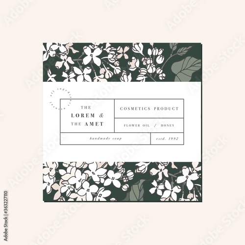 Vector patten for cosmetics with label template design. Pattern or wrapping paper for package and beauty salons. Lilac flowers. Organic, natural cosmetic.