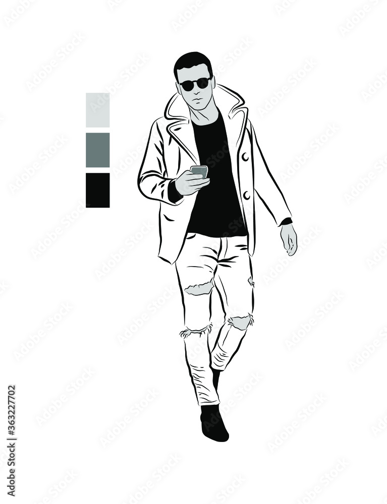 Vector illustration of a young man. Sketch of a walking man.
Figure men in a jacket.