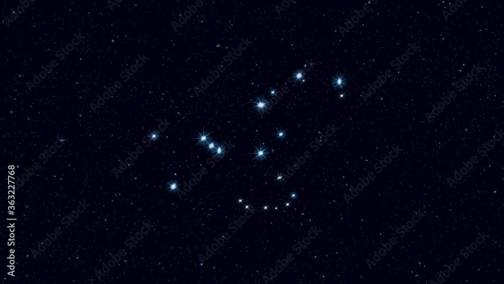 Orion constellation, gradually zooming rotating image with stars and outlines, 4K educational video