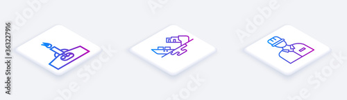 Set Isometric line Oil rig with fire, Wrecked oil tanker ship and Oilman. White square button. Vector.