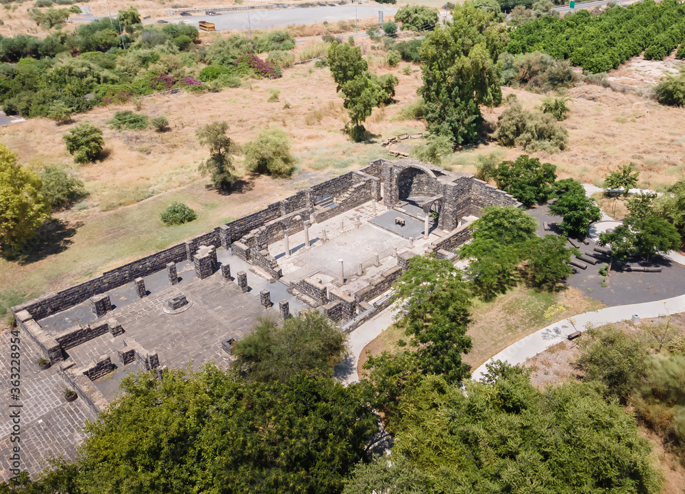 Aerial  view to the ruins of Kursi - a large Byzantine 8th-century monastery in which Jesus Christ performed miracles on the shores of Lake Tiberias, on the Golan Heights.