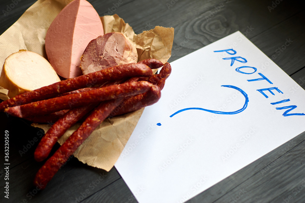 Protein and question mark and different sausages and sausages
